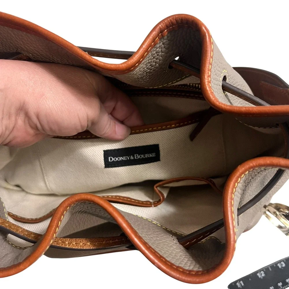 Dooney & Bourke Pebble Grain Small Drawstring Bag Grey Tan Leather Trim Shoulder